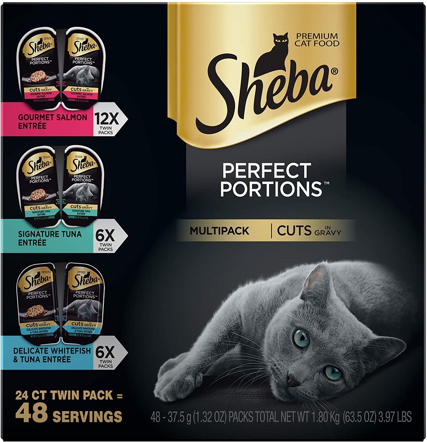 Black packaging of Sheba cat food