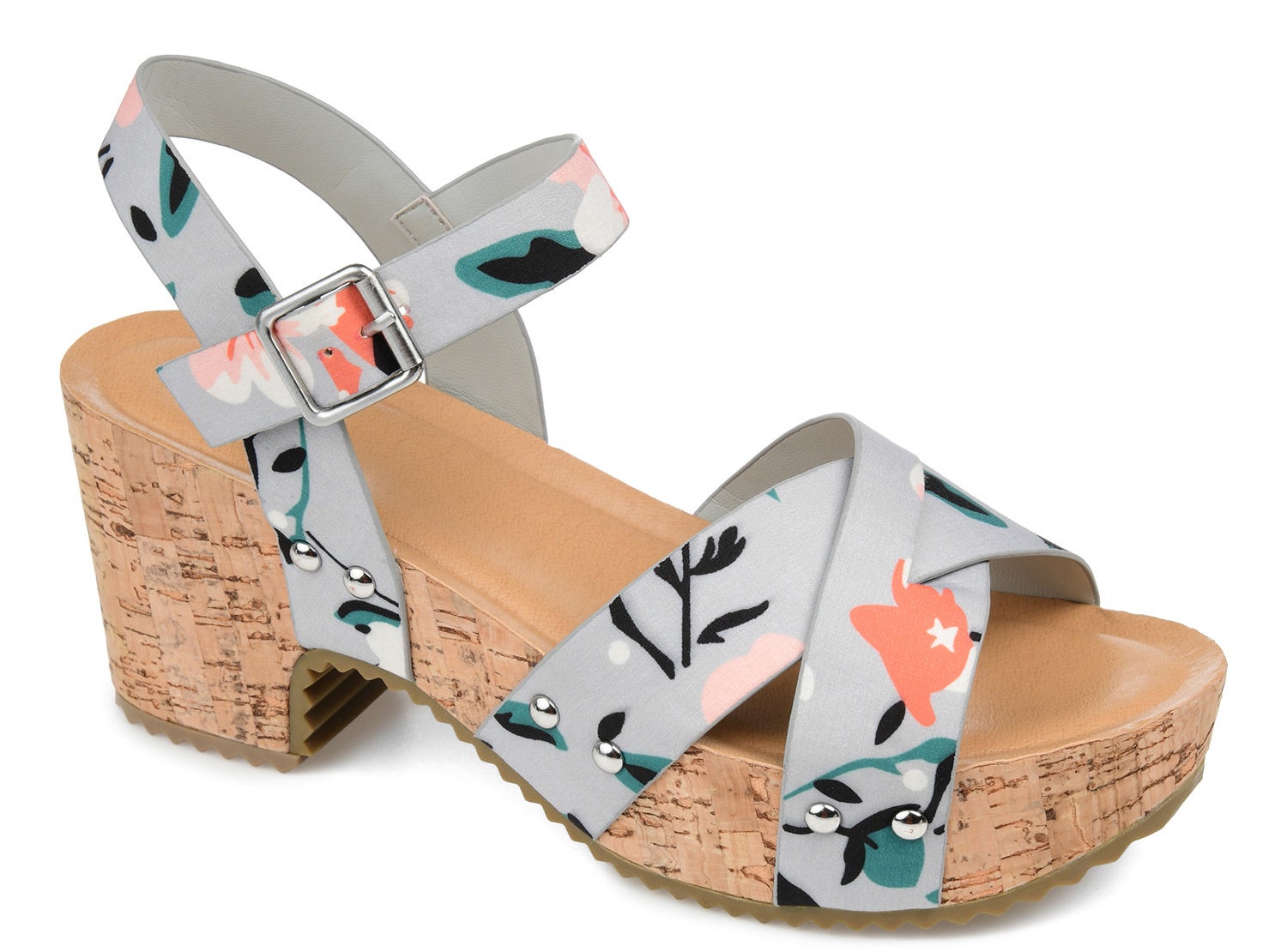 A floral print platform crossover strap sandal