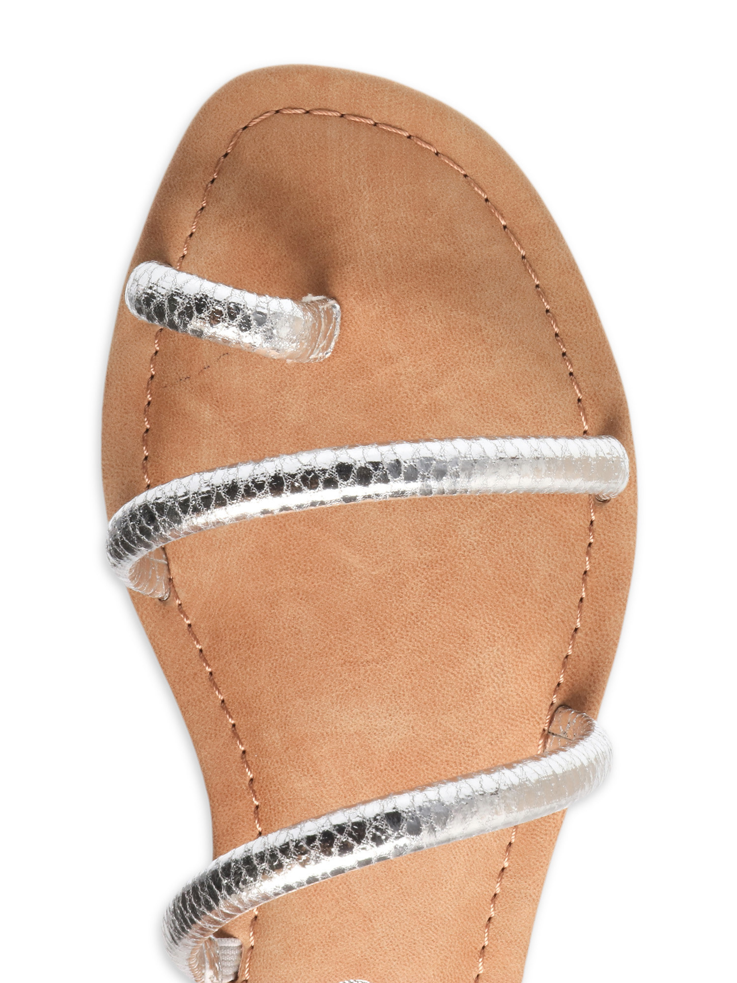 A top-down view of a silver strap sandal with light brown leather insole