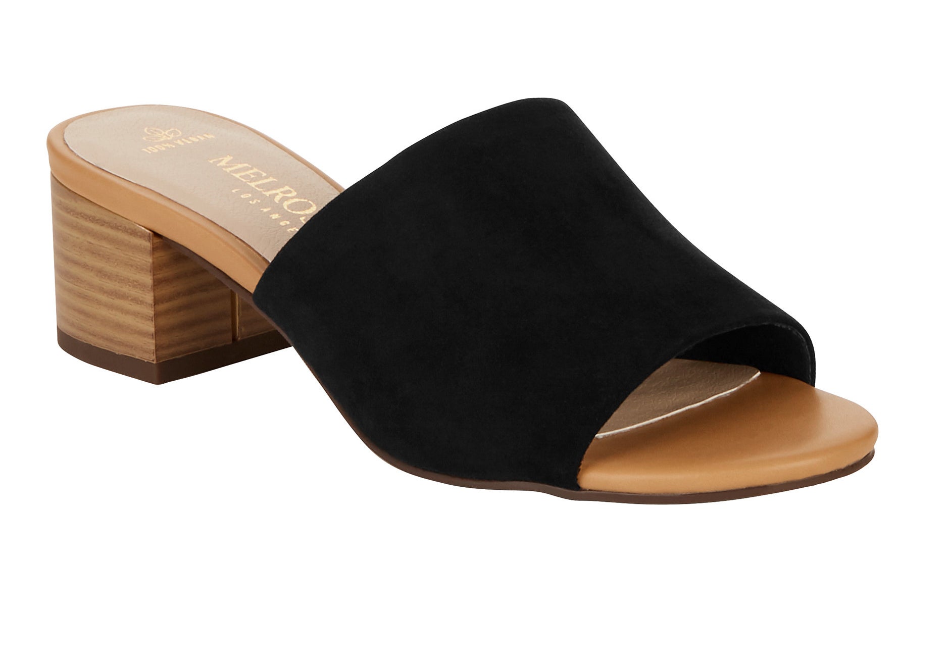 A black suede block heel slide sandal with a tan insole