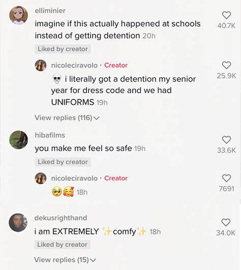 comments saying &quot;imagine if this actually happened at schools instead of getting detention,&quot; &quot;you make me feel so safe,&quot; and &quot;I am extremely comfy&quot;