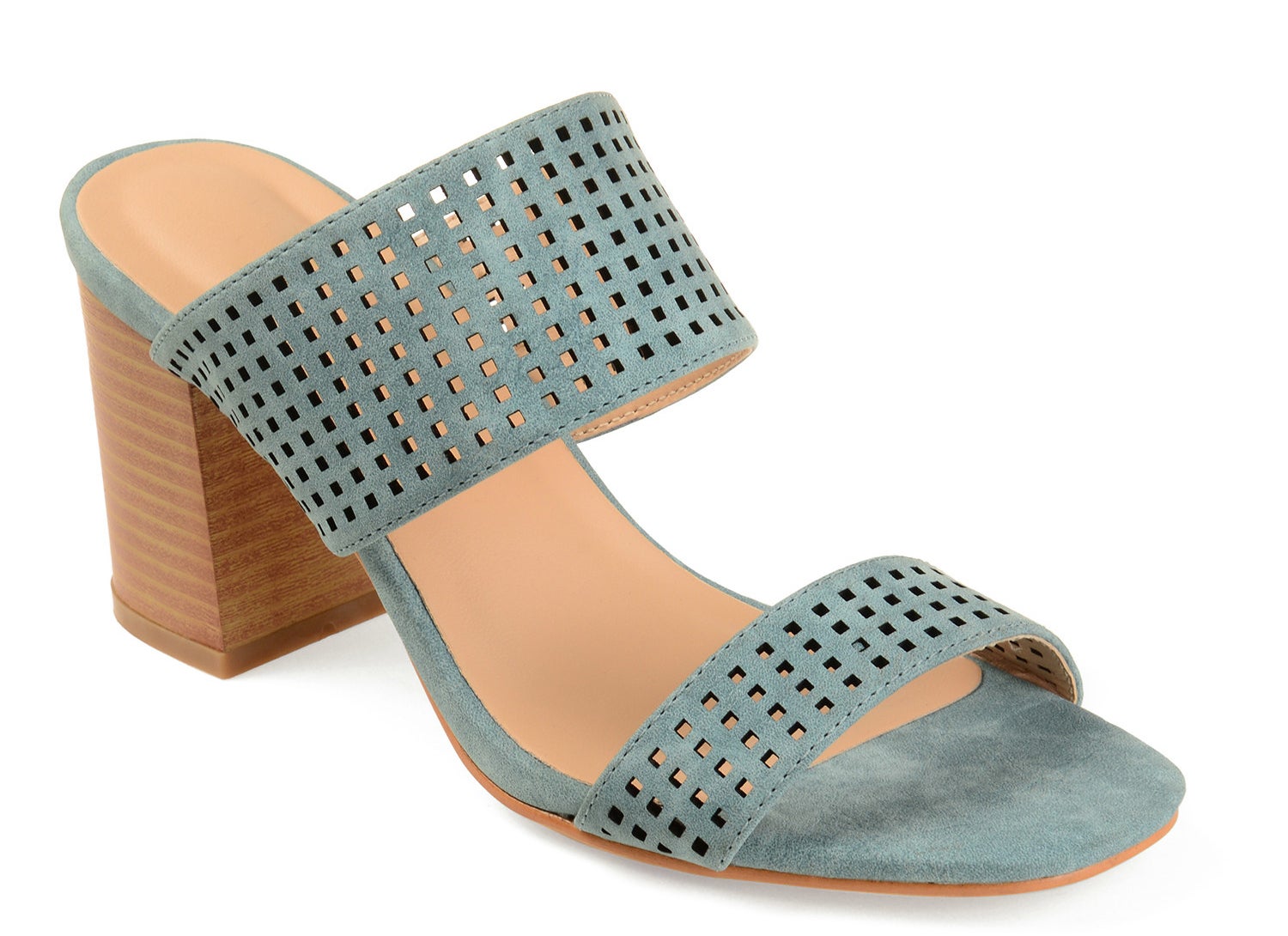 A light blue heeled mule sandal with a tan insole and heel