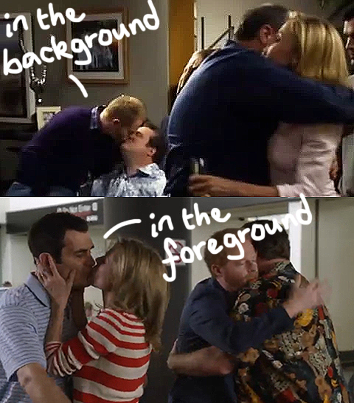 A dual image shows Mitch and Cam, a gay couple from Modern Family, kissing in the background of a shot and the other image shows a straight couple kissing in the foreground. Handwritten text on top points this out