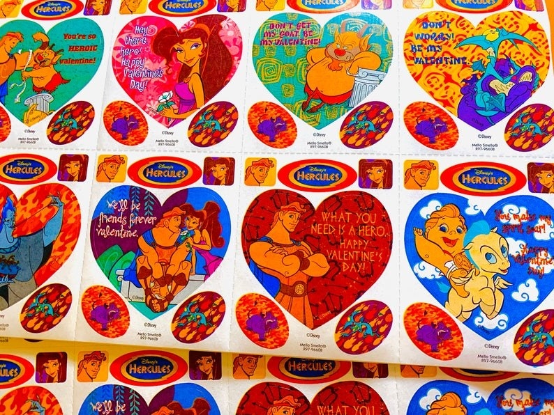 A set of Disney Hercules-themed Valentine&#x27;s Day sticker cards.