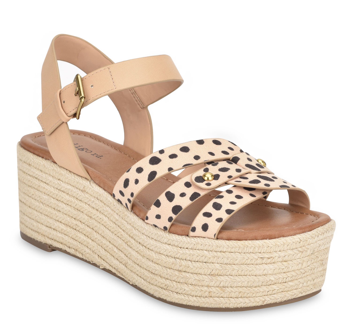 A natural multi-colored platform strappy sandal
