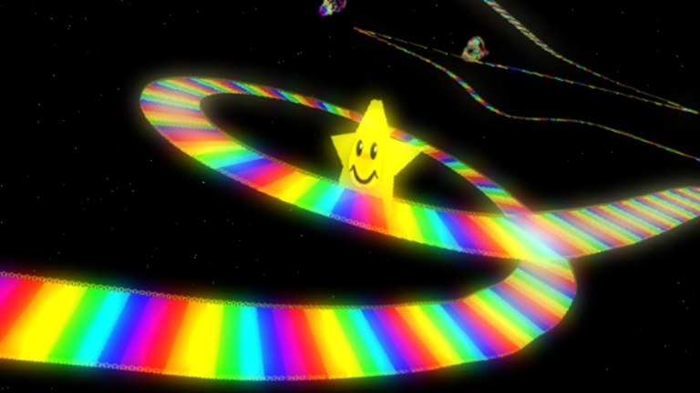 A screenshot of Rainbow Road from &quot;Mario Kart 64.&quot;