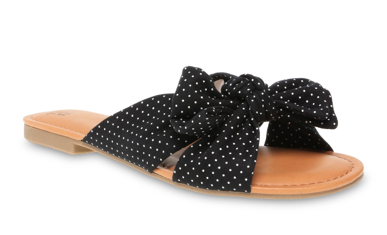 A black and white polka dot bow slide sandal