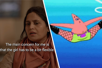 Ashtay's mother saying, "The main concern for me is that the girl has to be a bit flexible," next to a Patrick Star doing a split.