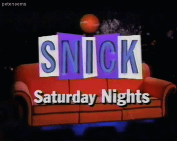 A gif of an orange couch with &quot;Snick — Saturday Nights&quot; written over it. 