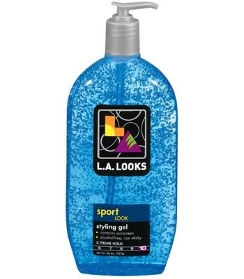 A bottle of blue L.A. Looks hair gel.