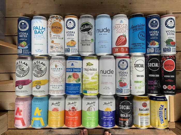 A flat lay of different canned drinks that are part of this taste test.