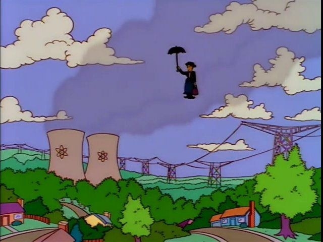 Sherry Bobbins drifts towards Springfield from the sky holding an umbrella in &#x27;The Simpsons&#x27; in the style of Marry Poppins