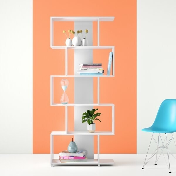 An open bookcase with rectangular shelves placed just off of the shelf below it, giving it a staggered look 