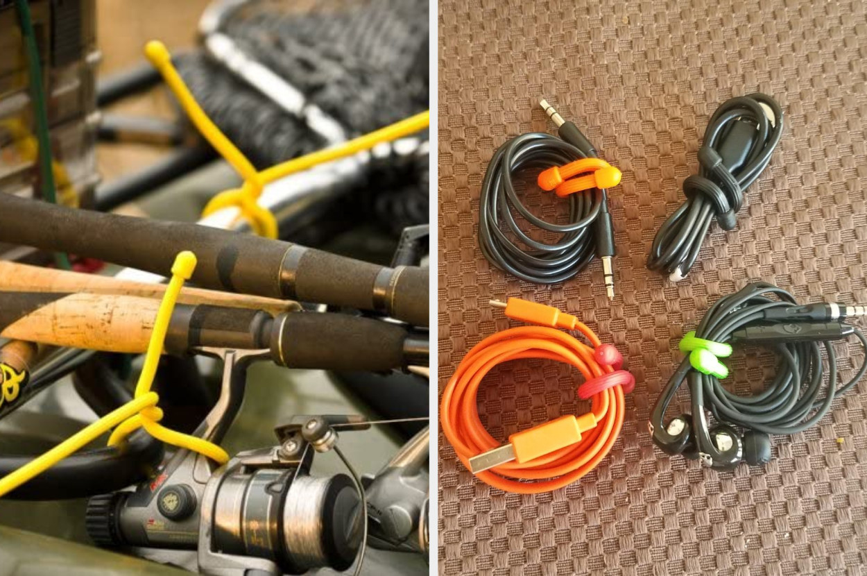 Side-by-side image of yellow twist ties on fishing rods and multi-colored twist ties around electronic cables