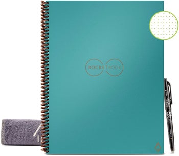 Reusable notebook with a teal cover and a pen