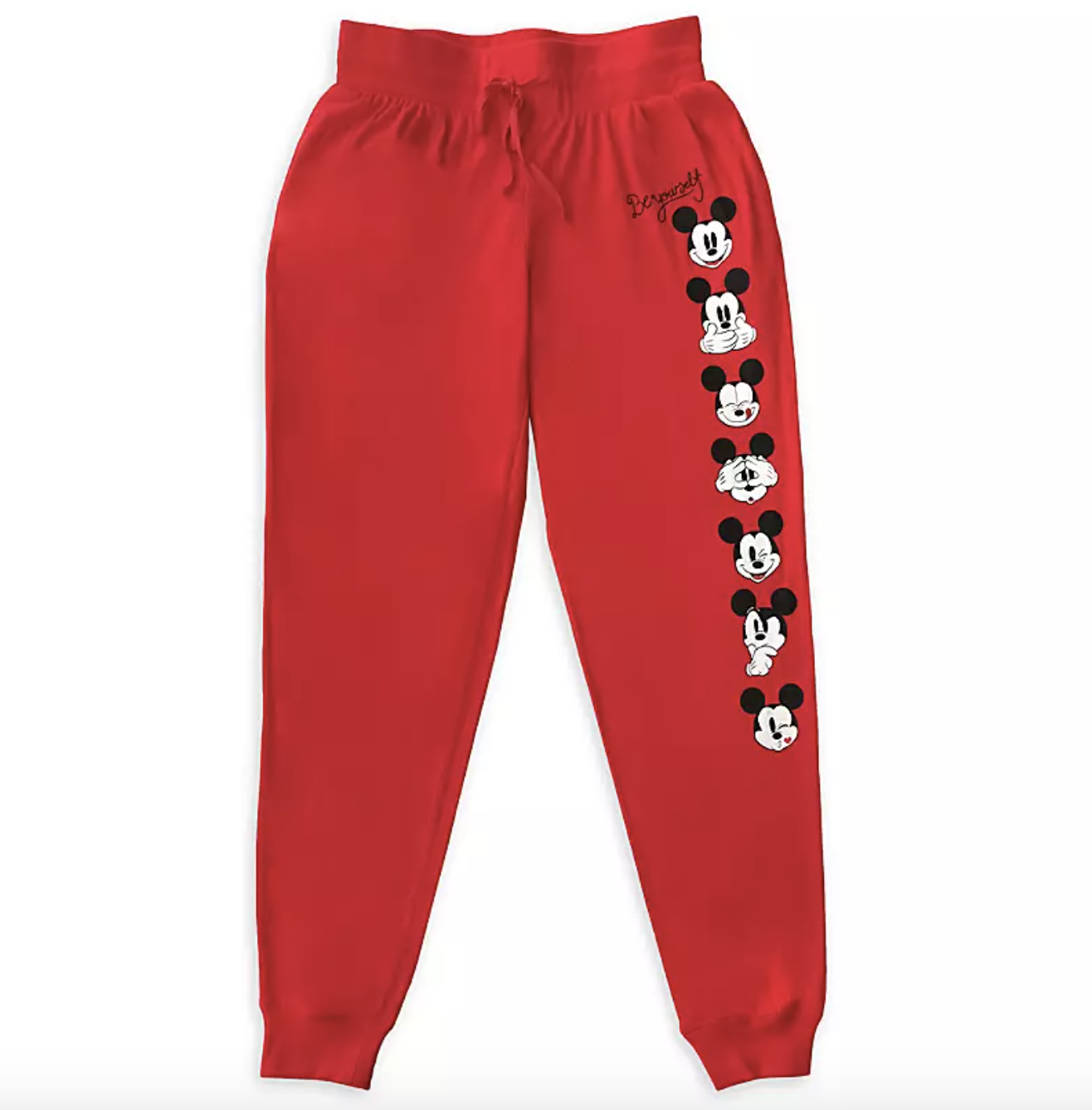 red joggers with different mickey faces down the right leg 