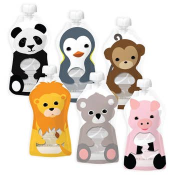 A panda, penguin, monkey, lion, bear, and pig food pouch