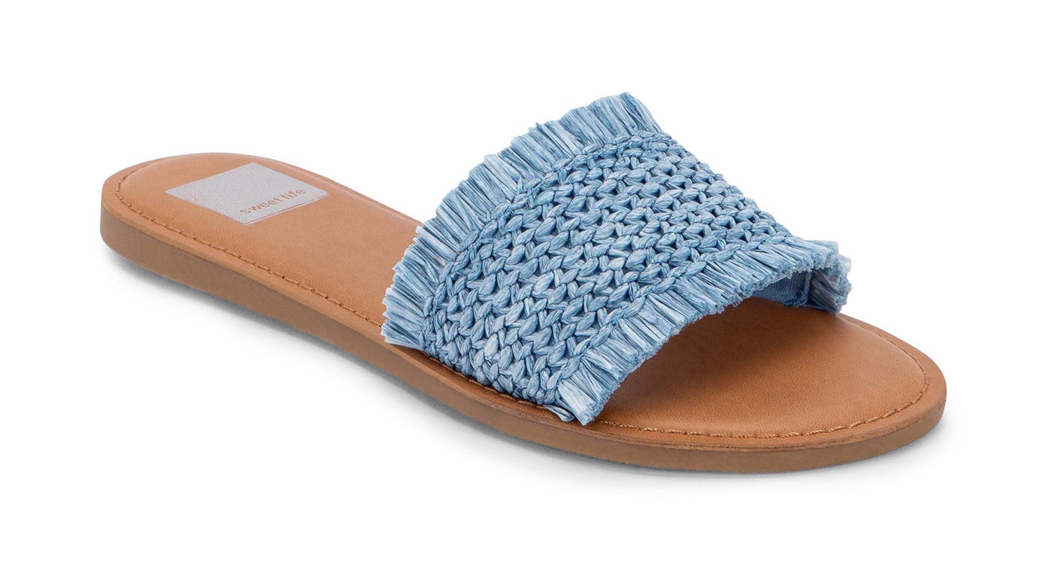 A woven light-blue slide sandal with a light brown insole