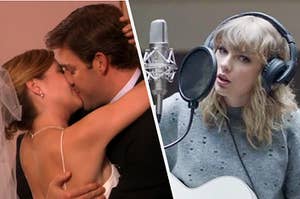 Jim and Pam from the Office kissing on their wedding day next to Taylor swift writing a song