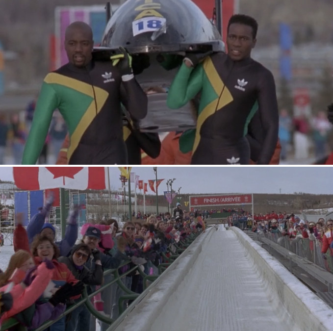 The Jamaican bobsled team is carrying their sled to the finish line, determined to complete the competition like the true athletes they air; the watchers are happily cheering them on, slow clapping