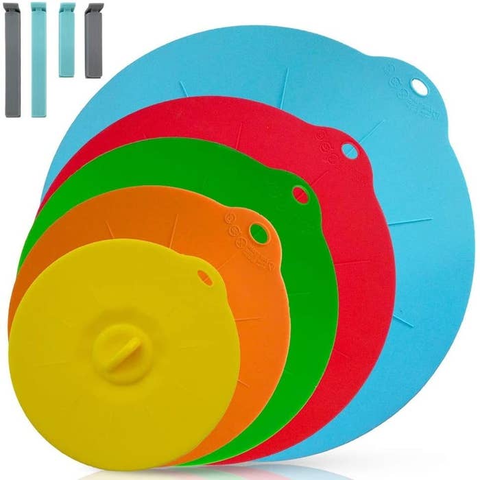 Yellow, orange, green, red, and light blue lid covers