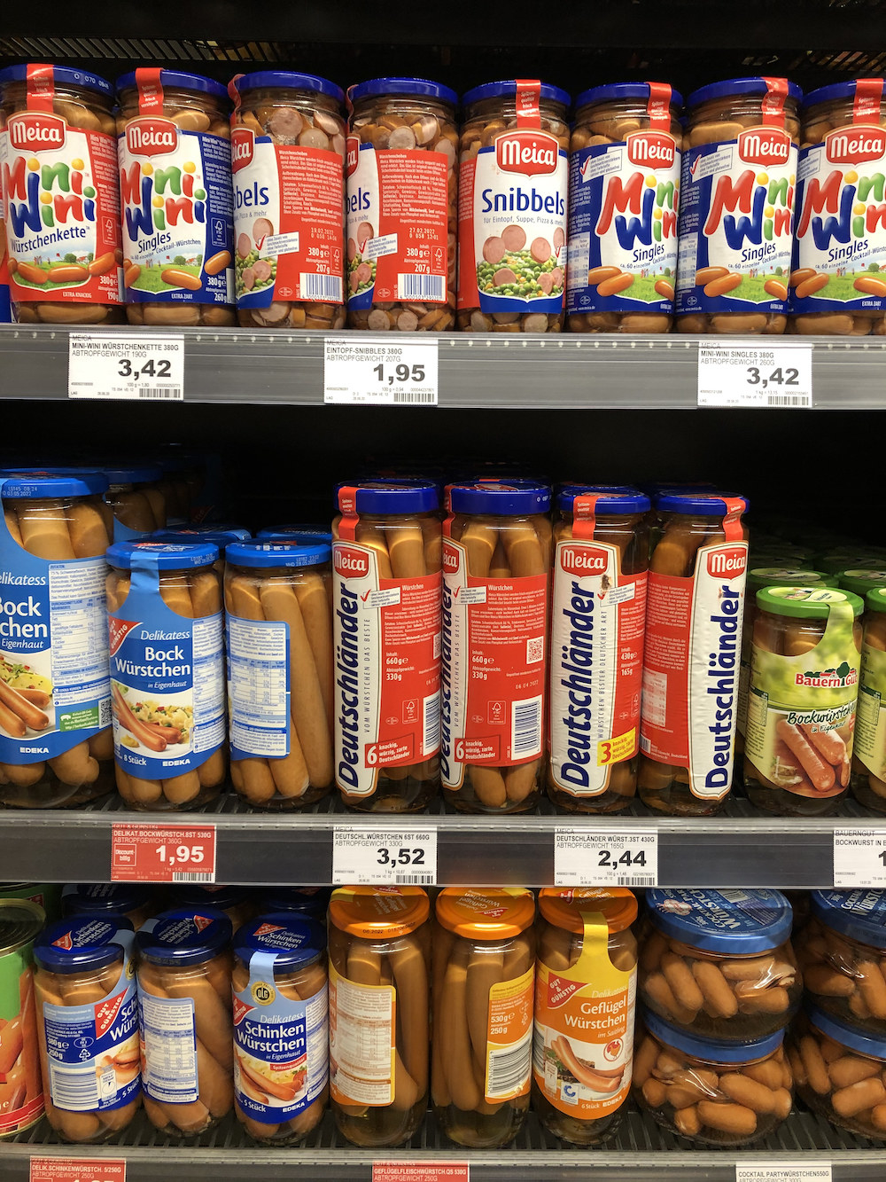 Display of jarred sausages at German supermarket