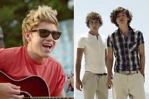 On the left, Niall Horan wear sun glasses and plays the guitar in the "Live While We're Young" music video, and on the right, Liam Payne and Harry Styles sing to the camera in the "What Makes You Beautiful" music video