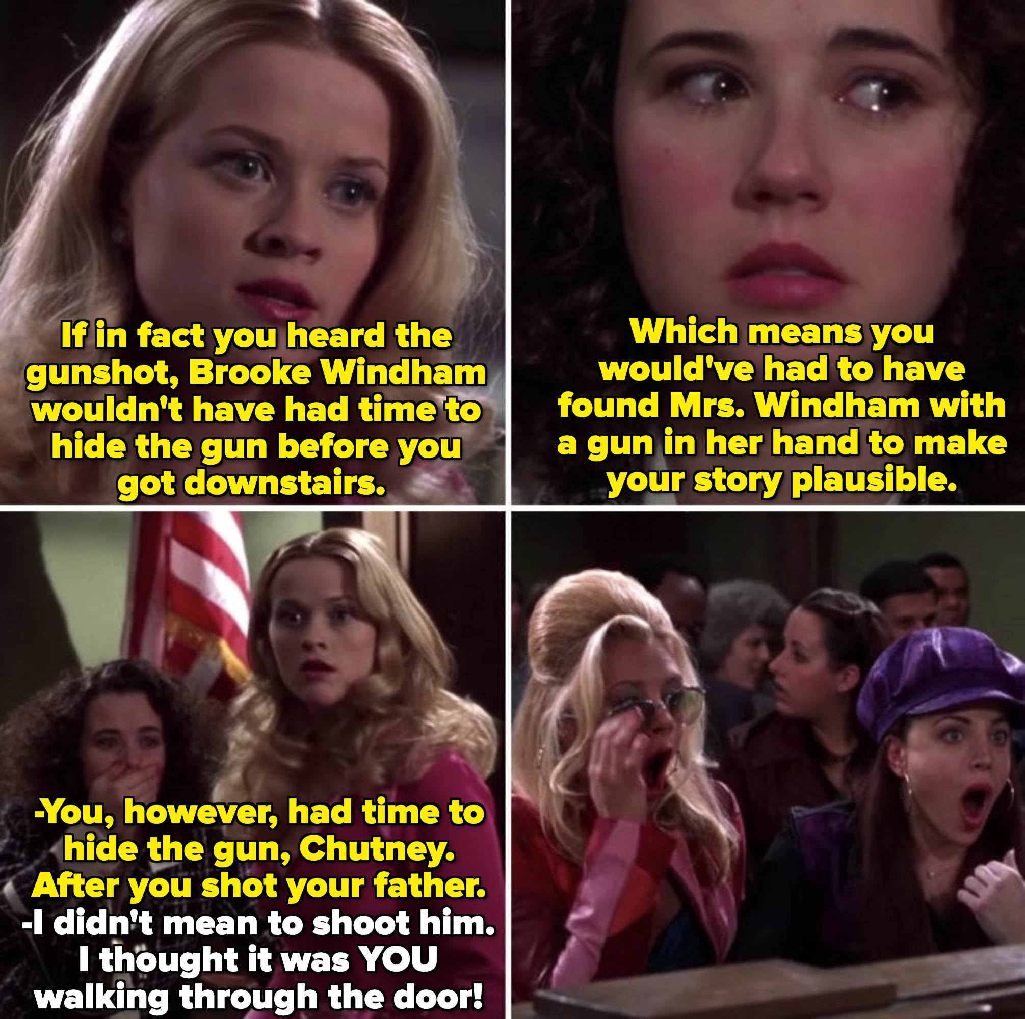 Elle cross-examining Chutney in the courtroom with determination, drilling her with logic, while Chutney has a scared expression on her face. Chutney admits to shooting her father, and the entire courtroom is shocked