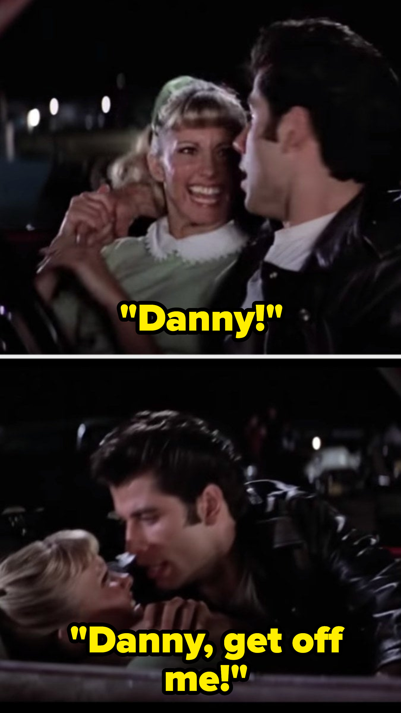 丹尼把自己压在车里的桑迪身上，桑迪对他尖叫，要他离开她。