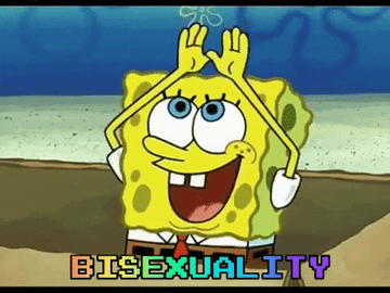 GIF of Spongebob making a rainbow and saying &quot;Bisexuality.&quot;