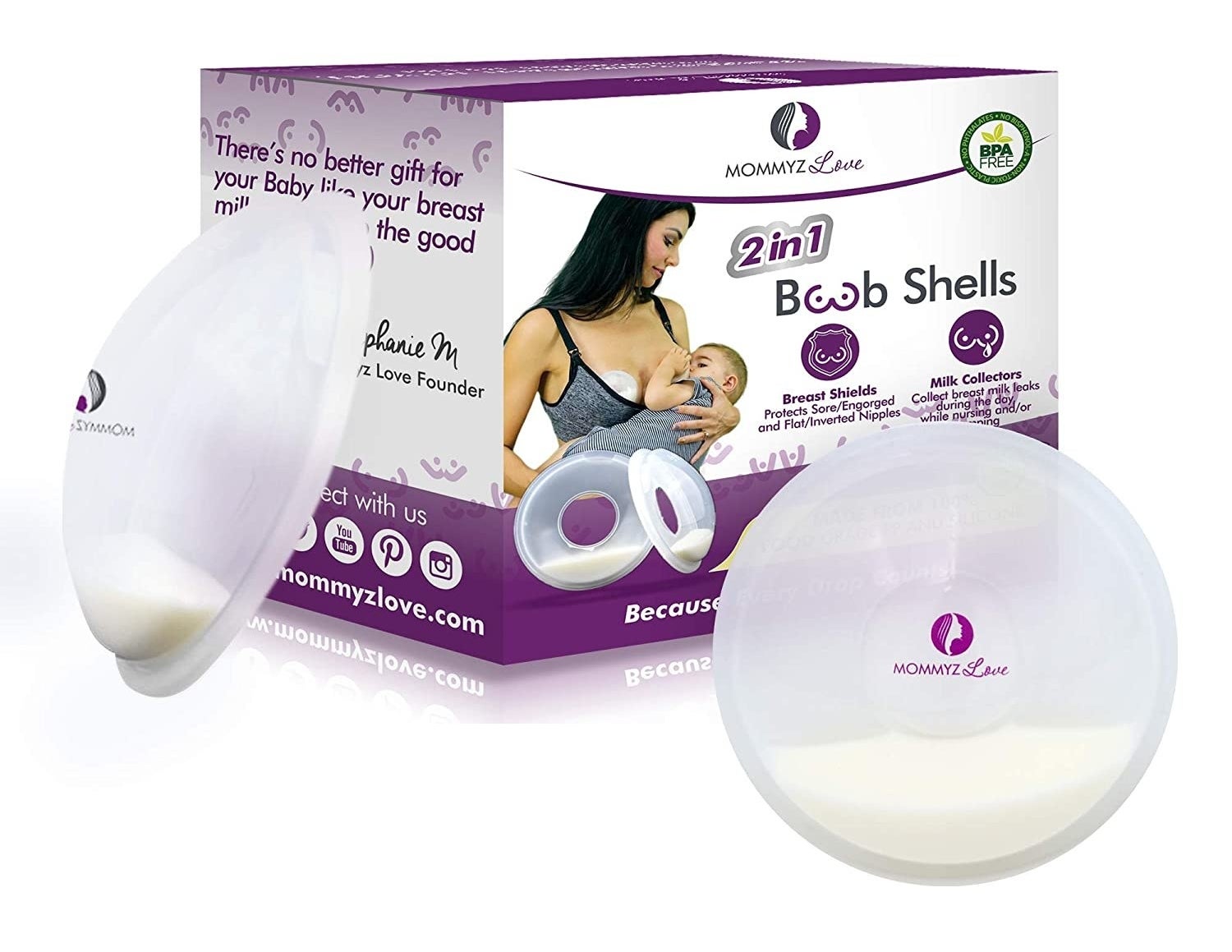 Purple and white packaging as well as two breast shells partially filled with milk