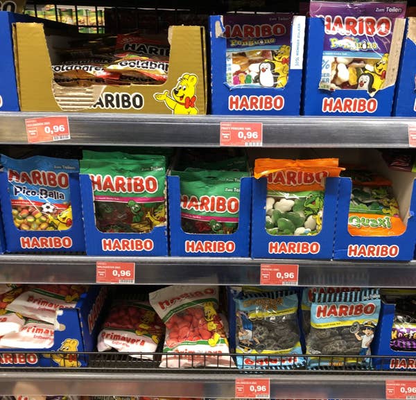 Display of Haribo gummies at a German supermarket