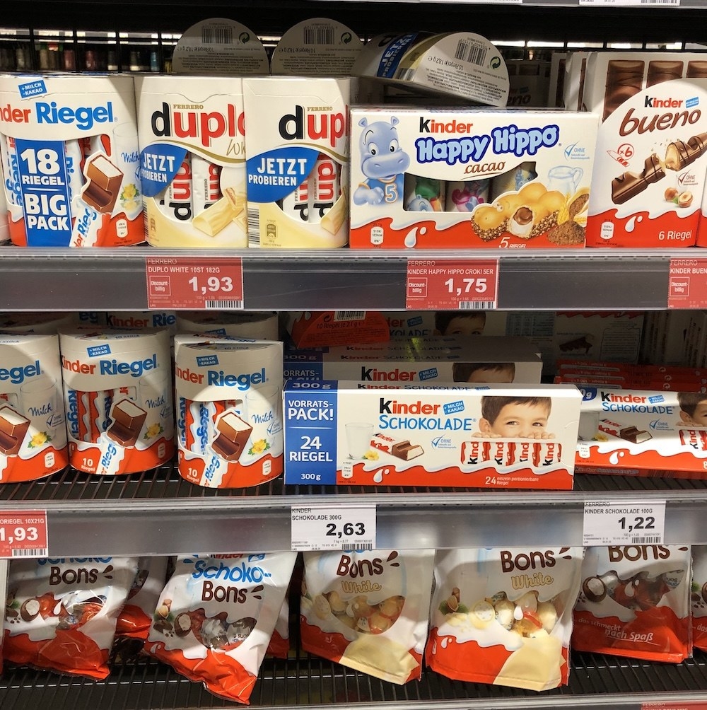 Display of Ritter and Kinder-brand chocolate at German supermarket