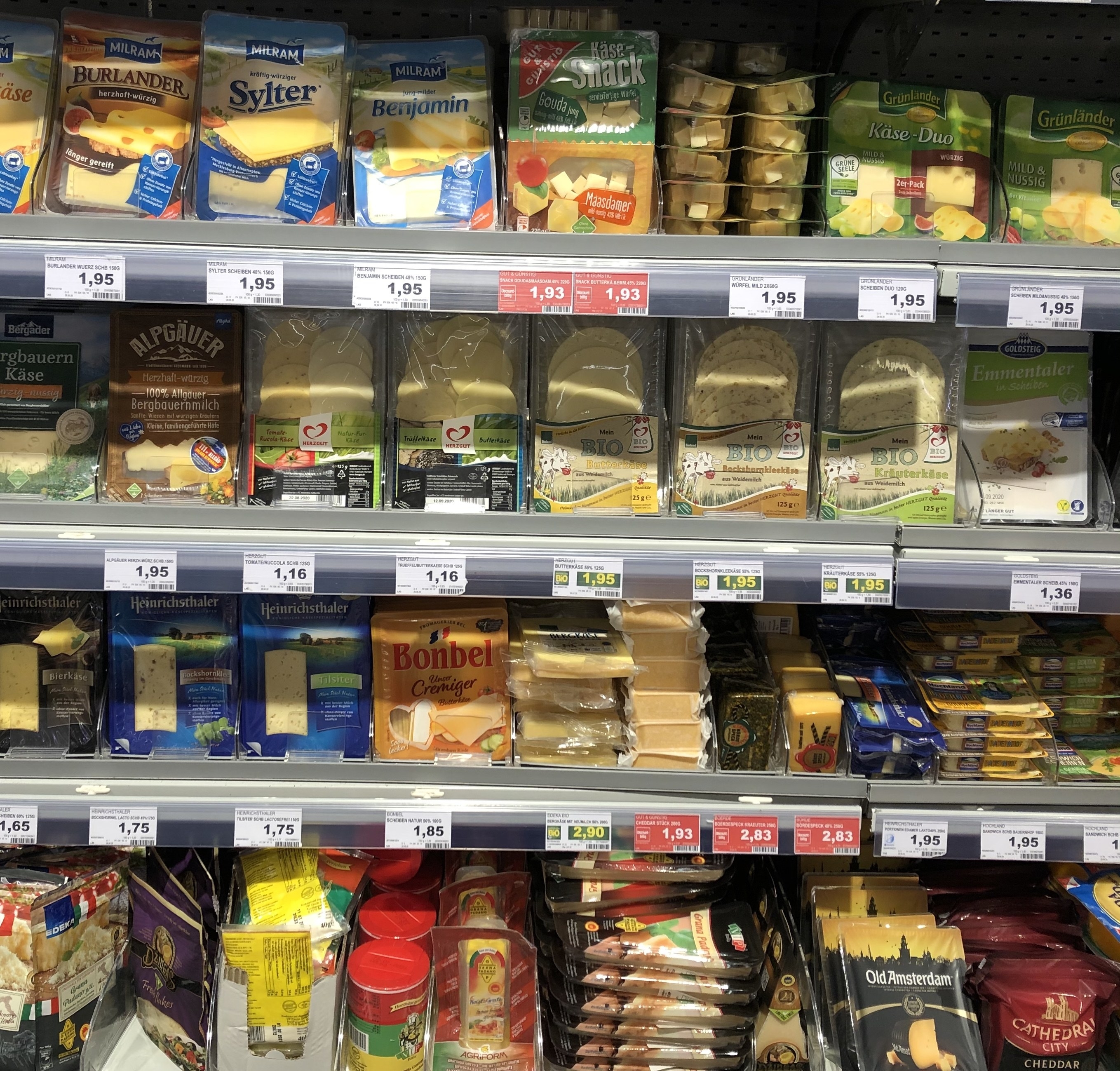 Display of cheeses at German supermarket