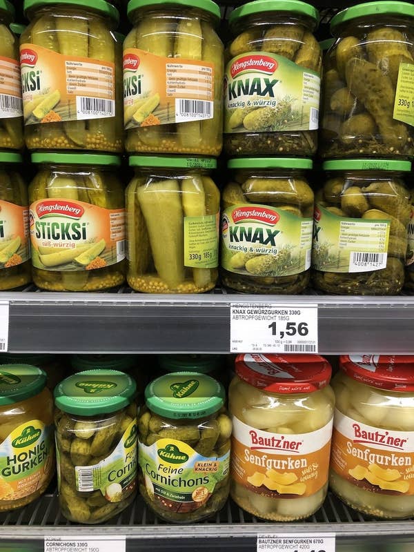 Display of jarred pickles at German supermarket