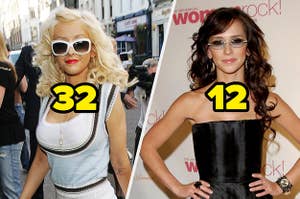 Christina Aguilera wearing oversized sunglasses and labeled "32" next to Jennifer Love Hewitt wearing rimless gradient sunglasses and labeled "12"