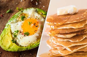 Avocado baked egg and pancakes with butter and syrup
