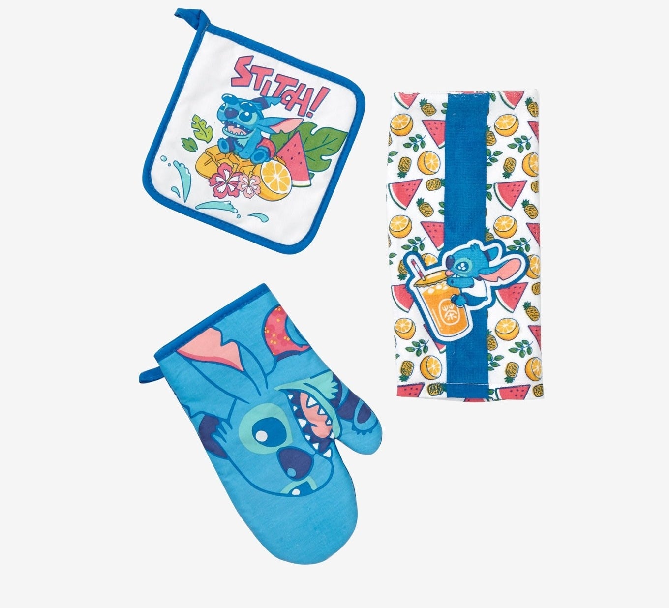stitch oven mitt, stitch drinking a juice with fruit towel, and stitch with fruit pot holder 