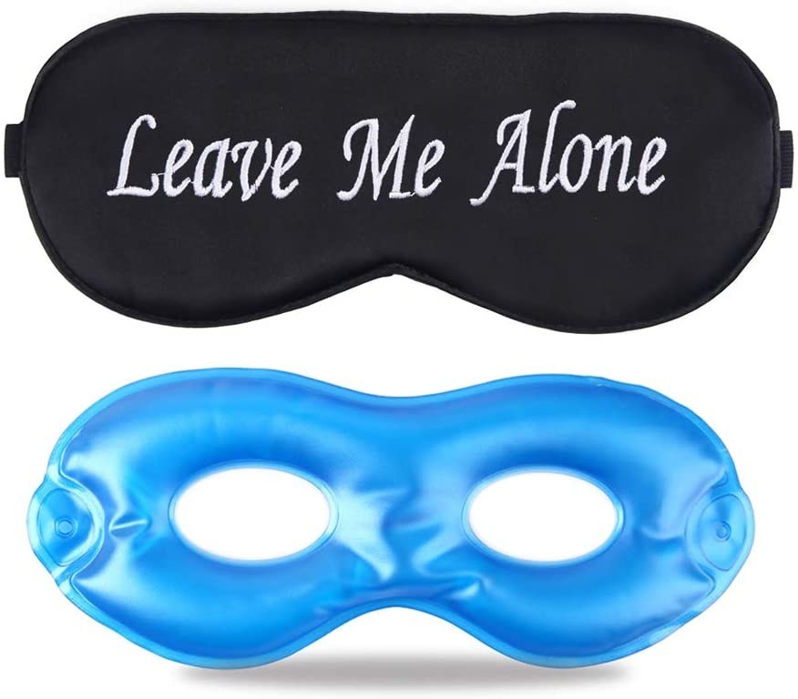 The mulberry silk eye mask which reads. &quot;Leave me alone&quot;