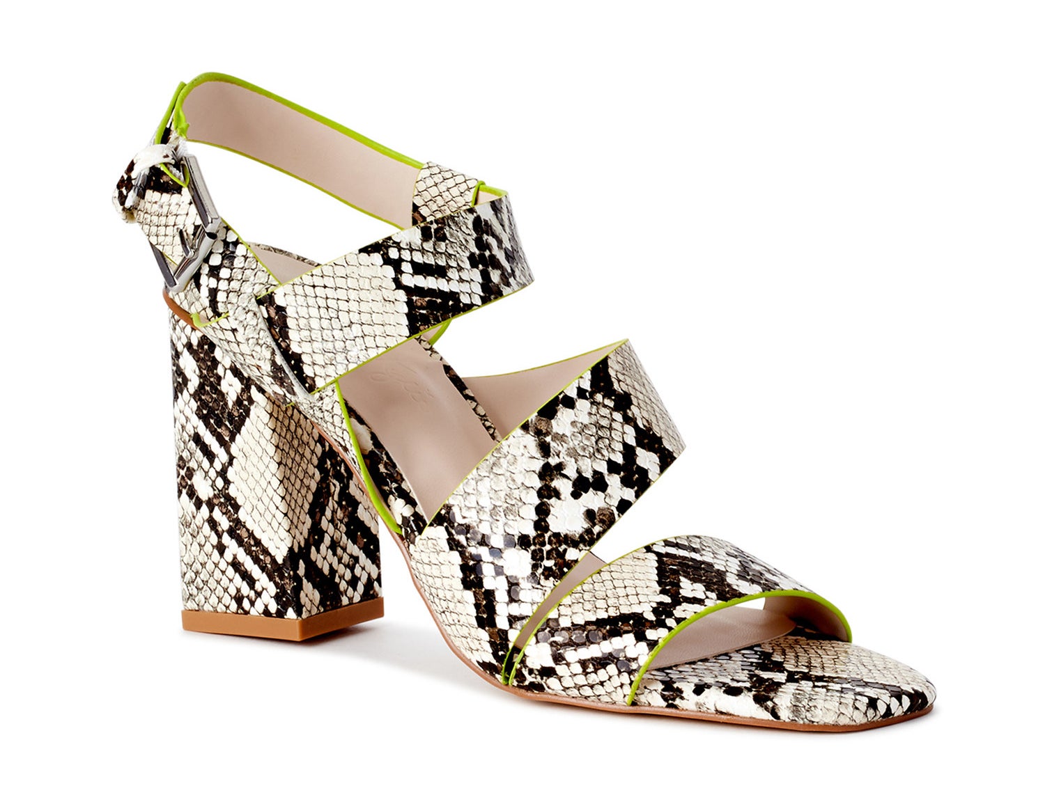 A natural snake print with line green accents wedge heel