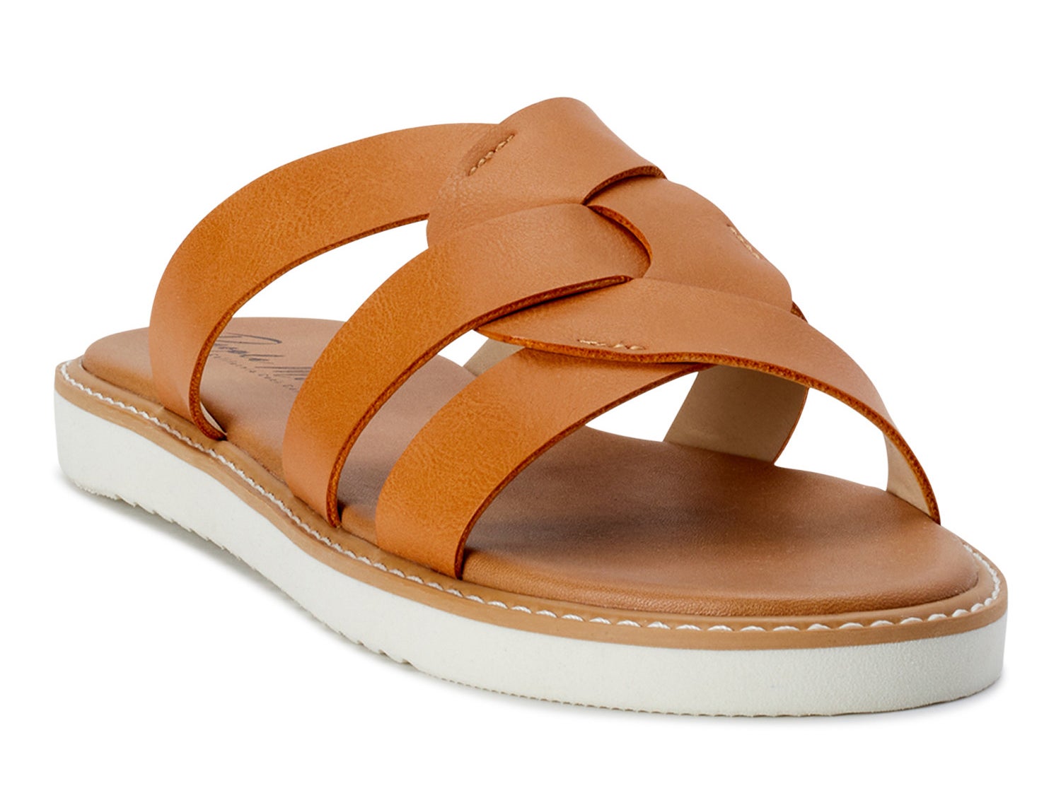 A tan-colored slide with a white sole