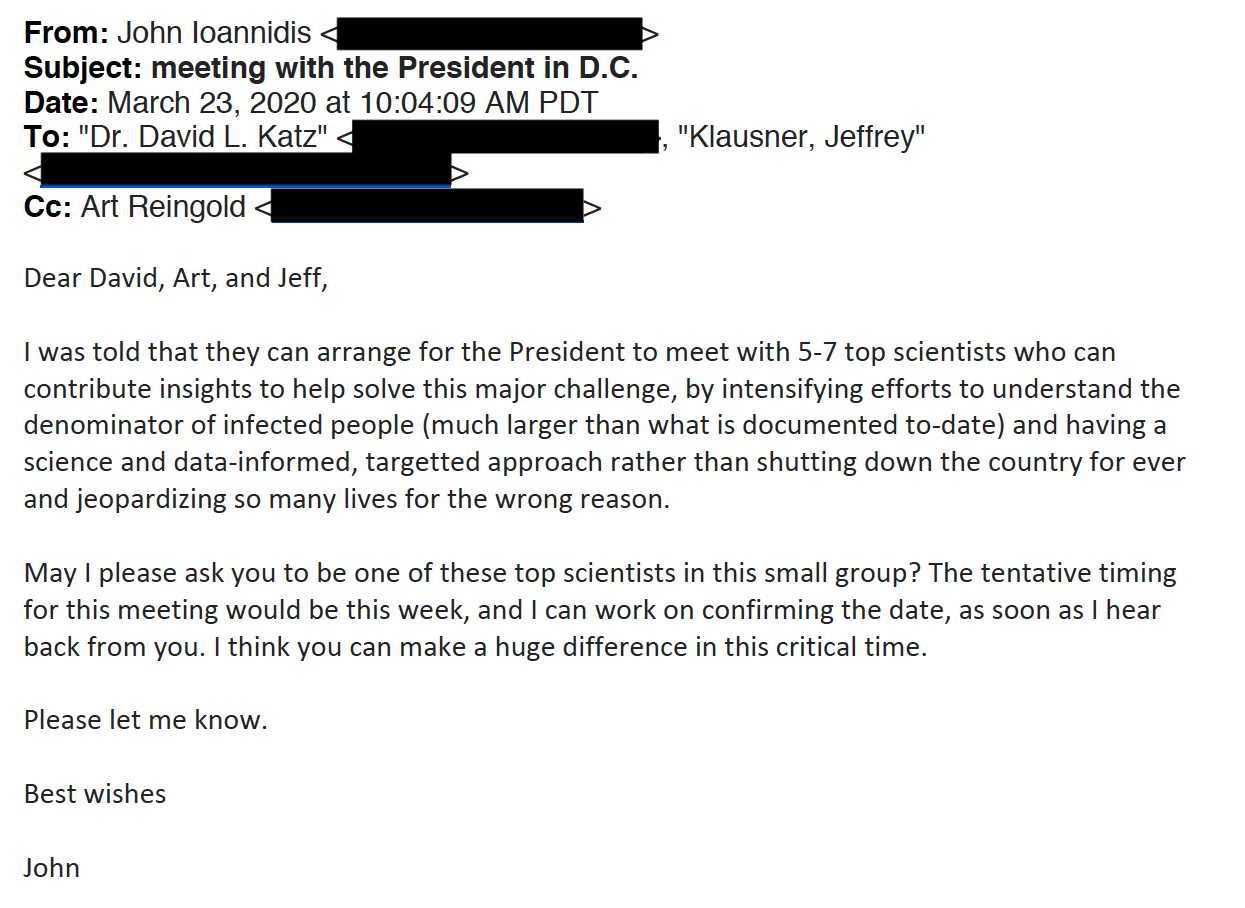 A screenshot of the email from Ioannidis to a group of scientists, dated March 23