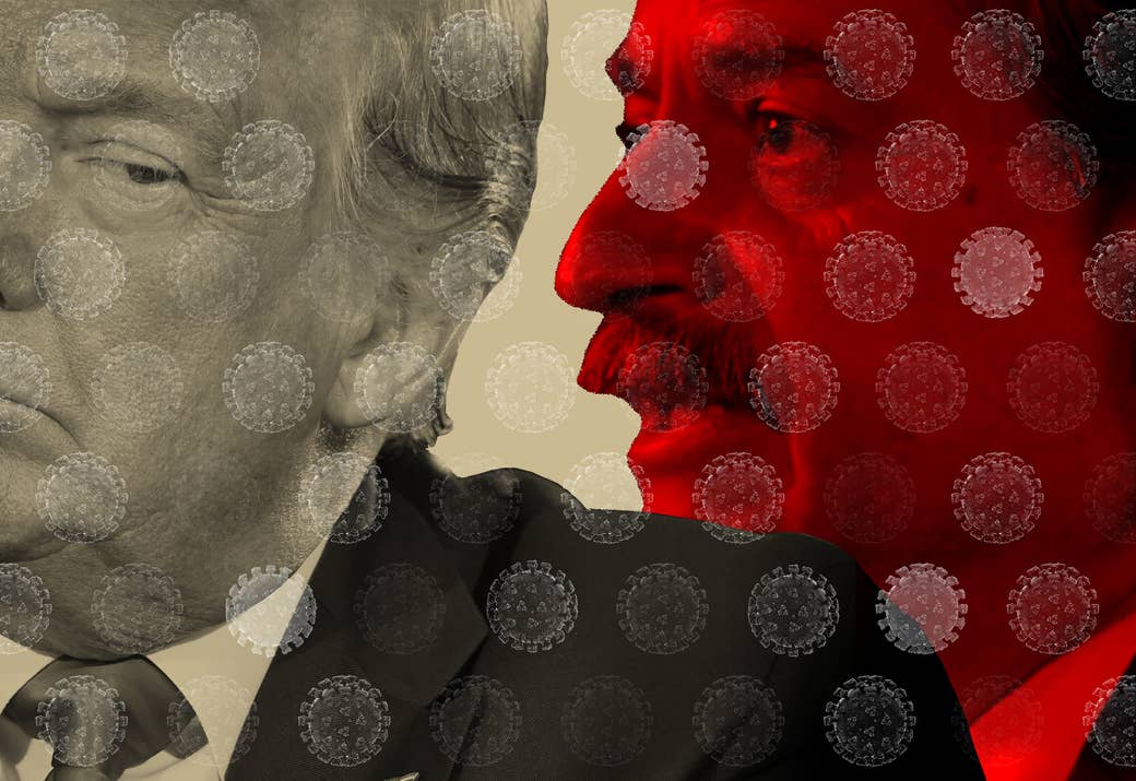 Illustration of John Ioannidis appearing to speak into President Trump's ear