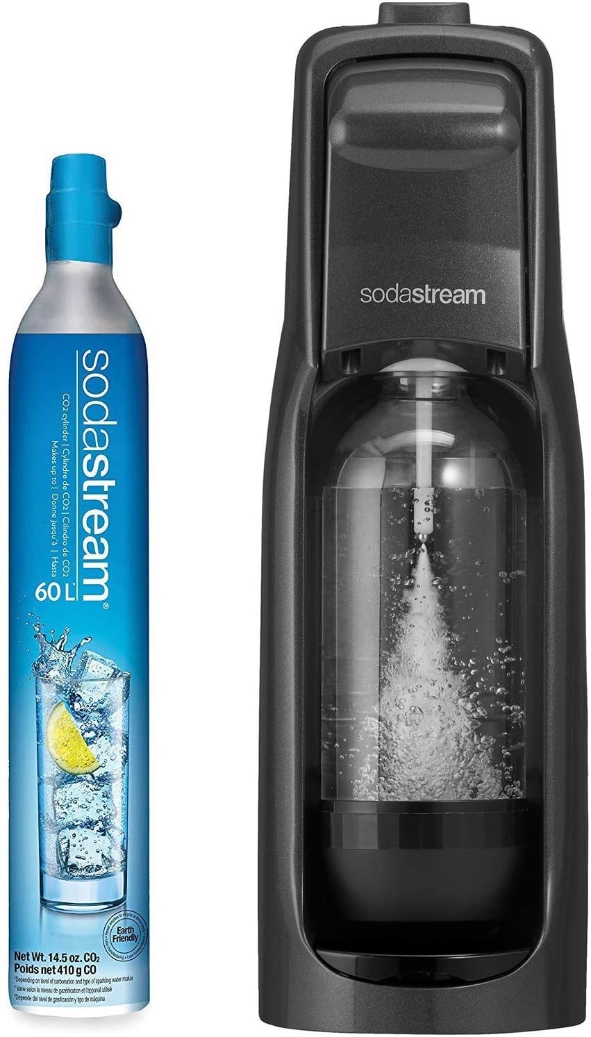 black SodaStream and a CO2 bottle