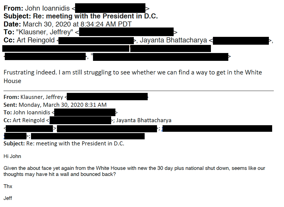 A screenshot of the email correspondence between Ioannidis and Jeffrey Klausner, dated March 30