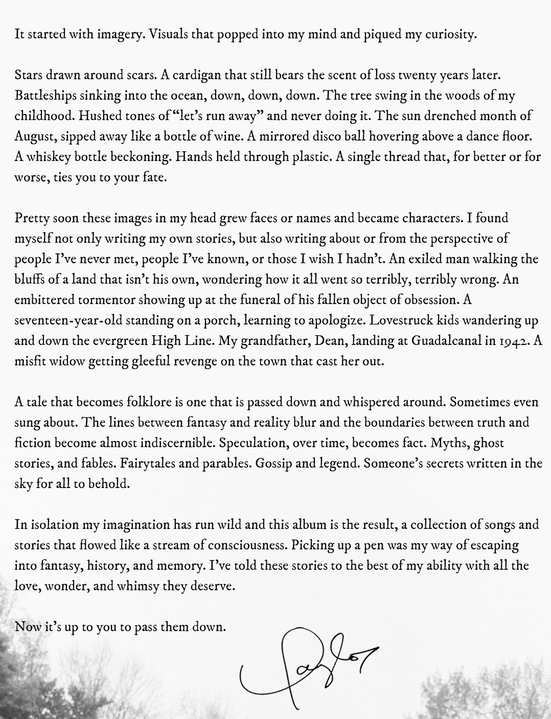 A letter from Taylor that says &quot;I found myself not only writing my own stories, but also writing about or from the perspective of people I&#x27;ve never met&quot;