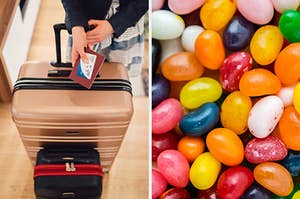 On the left, someone stands in front of a small suitcase and a large suitcase with a passport in their hand, and on the right, various jelly beans