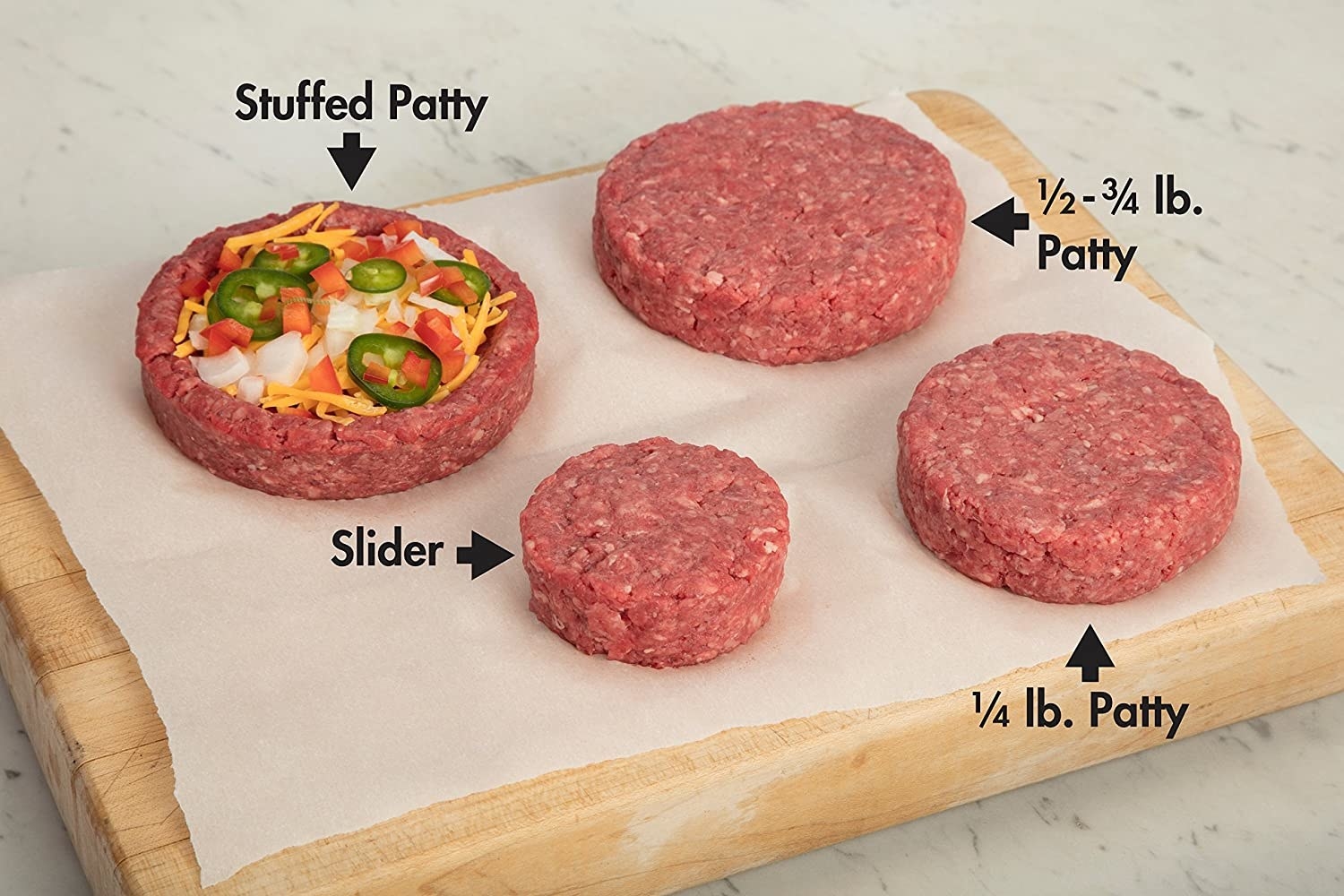 Patties showing the different sizes: stuffed patty, 1/2-3/4 lb. patty, 1/4 lb patty and slider