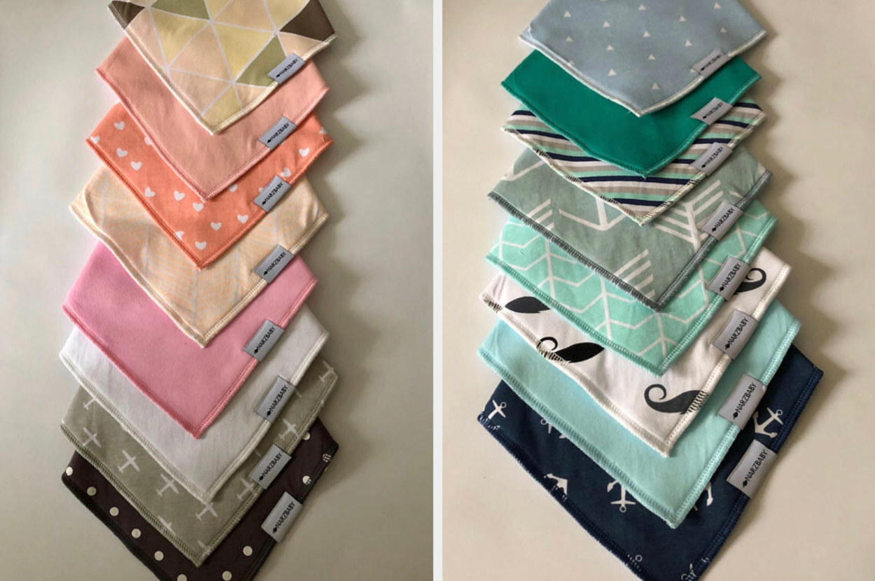 A split image of multi-colored sets of baby bibs