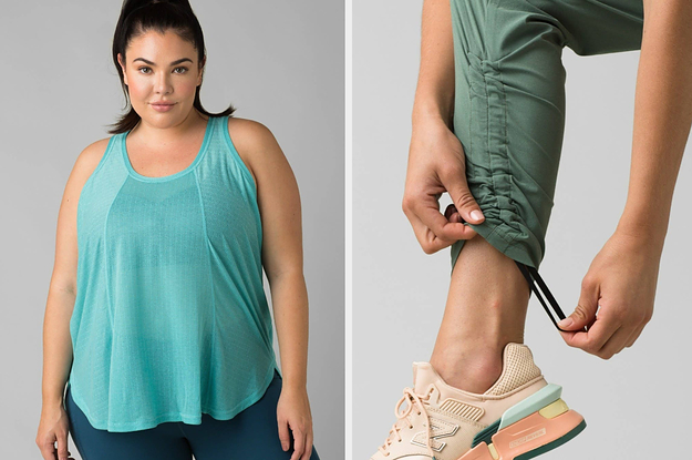 on the left model in teal workout tank, on the right model adjusting elastic on ankle of stretchy outdoor pants
